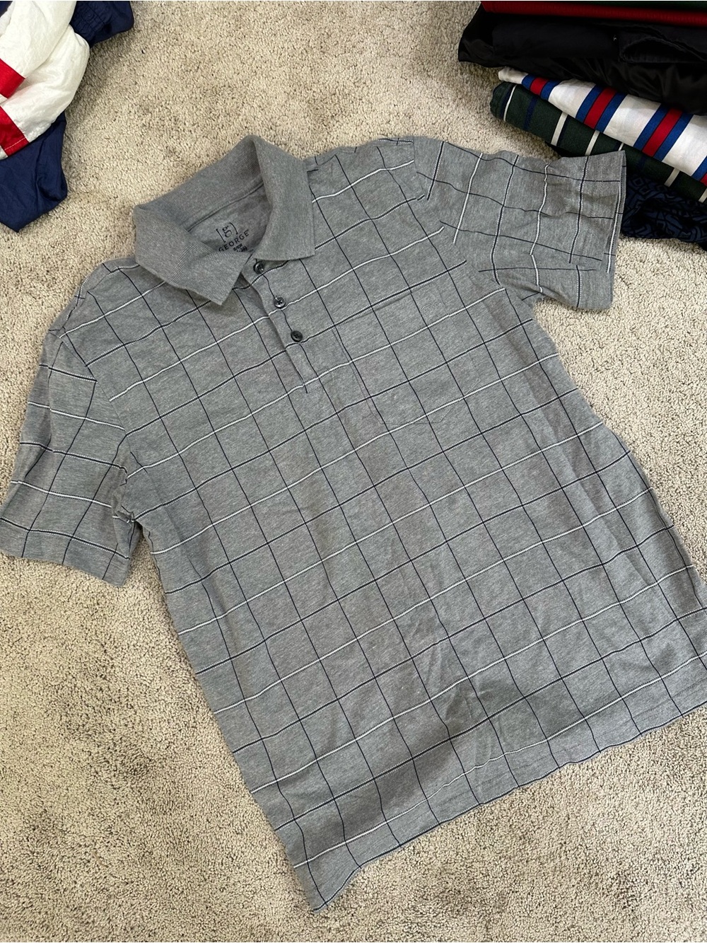 Men's Gray Windowpane Polo Shirt - Classic Short Sleeve